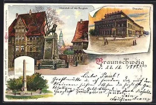 Lithographie Braunschweig, Löwensäule auf dem Burgplatz, Monument der Herzöge, Theater