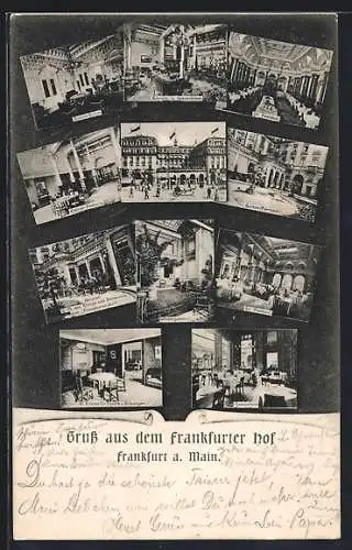 AK Frankfurt, Hotel Frankfurter Hof, Gr. Festsaal, Damen Salon, kleiner Festsaal, Garten Terrasse, Kaiserplatz