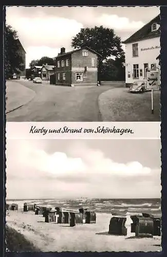 AK Schönhagen / Karby, Bahnhofshotel, Karby und Strand