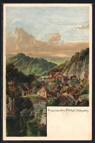 Lithographie Tiefenstein /Albthal, Ortsansicht aus der Vogelschau