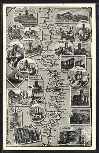 AK Koblenz, Sehenswürdigkeiten zwischen Koblenz und Trier, Landkarte mit Flusslauf