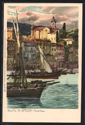 Lithographie Fezzano, Golfo di Spezia, Teilansicht mit Booten