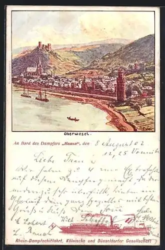 Lithographie Oberwesel, Teilansicht, Rheindampfer Loreley