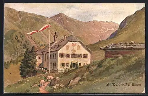 Künstler-AK Stams, Blick zur Stamser-Alpe mit Fahne