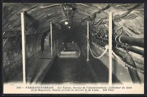 AK Paris-Souterrain, Les Egouts, Service de l`Assainissement, Colecteur du Quai de la Mégisserie, Bateau servant...