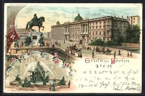 Lithographie Berlin, Kgl. Schloss mit Reiterdenkmal, Schlossbrunnen