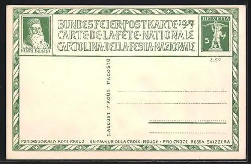 Künstler-AK Schweiz, Bundesfeier 1917, Mann hilft einem Verwundeten, Schweiz. Rotes Kreuz