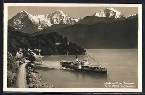 AK Beatenberg, Beatenbucht am Thunersee mit Dampfer, Eiger, Mönch und Jungfrau