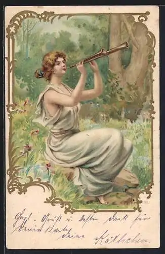 AK Jugendstil, junge Frau auf einem Instrument spielend