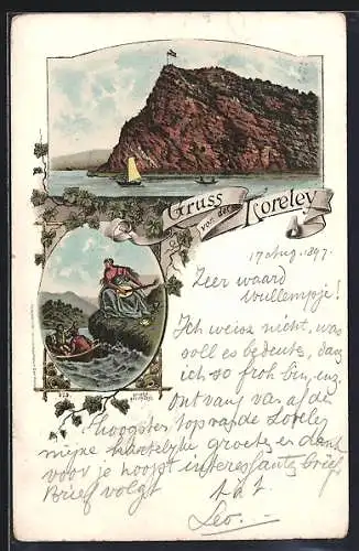 Lithographie Loreley, Felsen, Loreley mit Laute