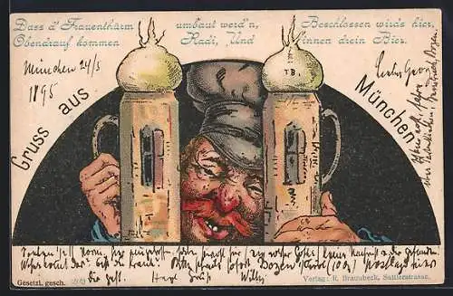 Vorläufer-Lithographie München, 1895, Mann mit zwei Bierkrügen und Rettichen, Trinkerhumor, früher Druck