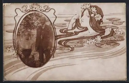 Foto-AK Elegantes Ehepaar, Frau im Wasser mit Seerosen im Jugendstil, Passepartout