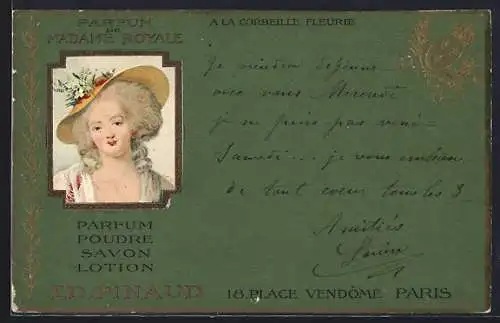 Lithographie Paris, Ed. Pinaud, 18, Place Vendôme, Parfum de Madame Royale, Parfümeur