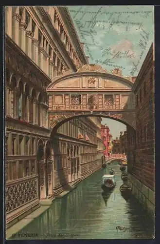 Künstler-AK sign. Menegazzi: Venezia / Venedig, Ponte dei Sospiri, Kanalpartie mit Seufzerbrücke