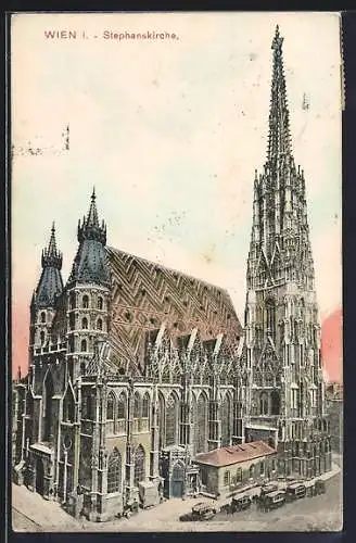 AK Wien, Stephanskirche mit Strassenpartie
