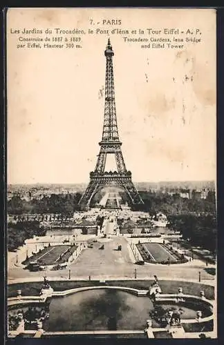 AK Paris, Les Jardins du Trocadéro, le Pont d`Iéna et la Tour Eiffel, Eiffelturm