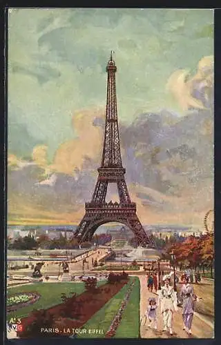 Künstler-AK Paris, La Tour Eiffel, Eiffelturm mit Spaziergängern