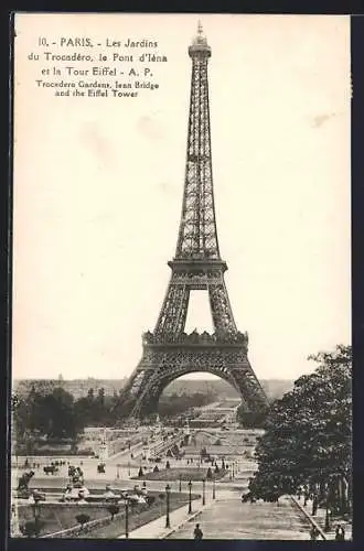 AK Paris, Les Jardins du Trocadéro, le Pont d`Iéna et la Tour Eiffel, Eiffelturm