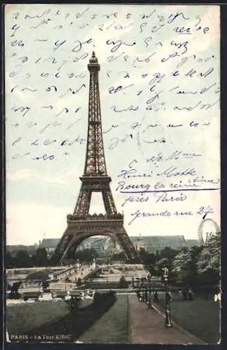AK Paris, La Tour Eiffel, Eiffelturm mit Parkanlage
