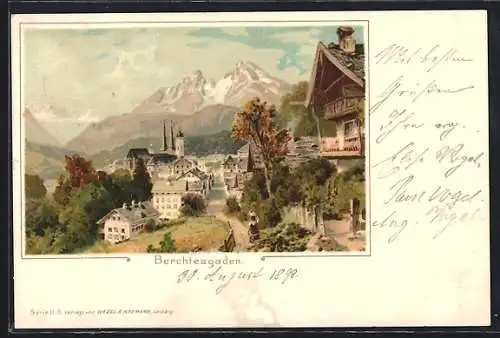 Lithographie Berchtesgaden, Totalansicht mit Bergen im Hintergrund