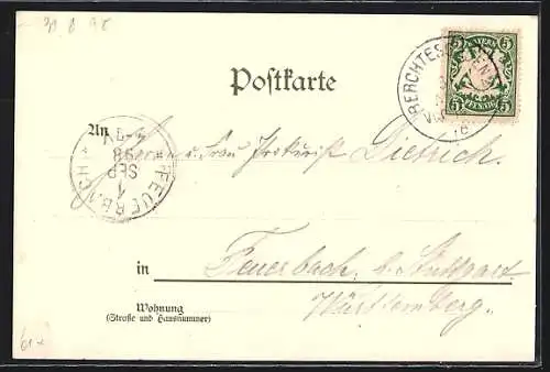 Lithographie Berchtesgaden, Totalansicht mit Bergen im Hintergrund