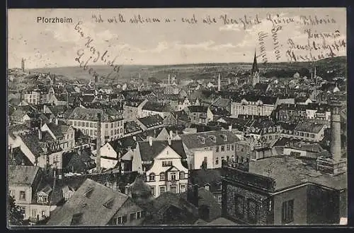 AK Pforzheim, Blick über die Dächer der Stadt