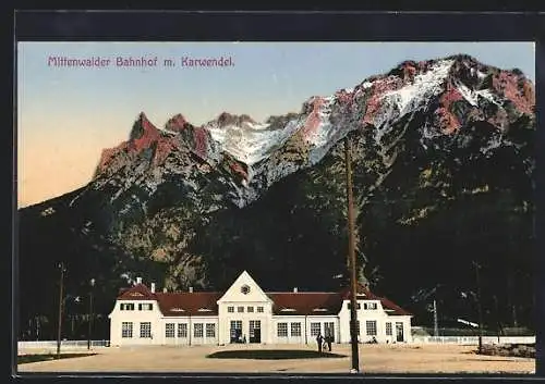 AK Mittenwald, Bahnhof mit Karwendel