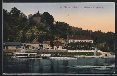 AK Rathen /Sächs. Schweiz, Gasthaus Erbgericht Rathen mit Burgruine