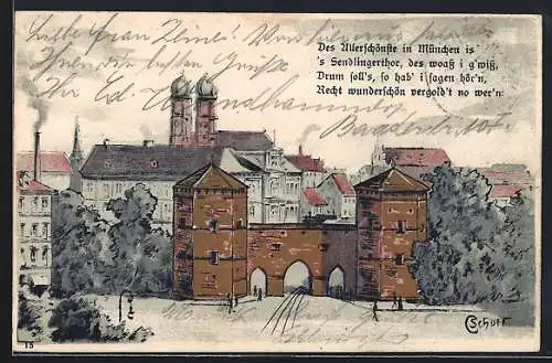 Lithographie München, Strassenpartie mit Sendlinger Tor und Kirche