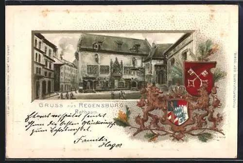 Passepartout-Lithographie Regensburg, Ortspartie am Rathaus mit Wappen