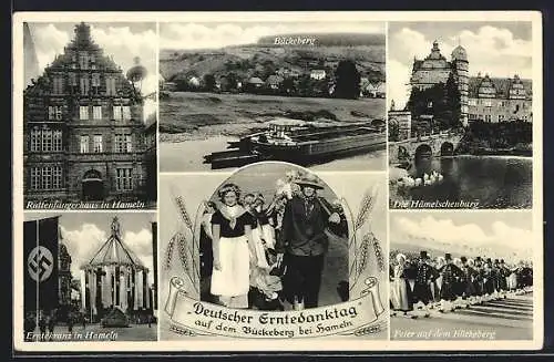 AK Hameln, Deutscher Erntedanktag auf dem Bückeberg, Rattenfängerhaus, Die Hämelschenburg, Erntekranz, 