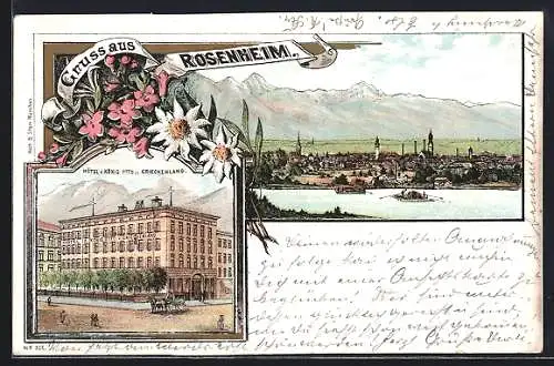 Lithographie Rosenheim / Bayern, Hotel z. König Otto v. Griechenland, Totalansicht