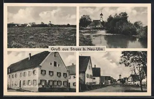 AK Strass / Neu-Ulm, Partie am Wohnhaus, Strassenpartie, Seeansicht, Blick zur Stadt