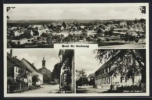 AK Grab /Backnang, Schule und Rathaus, Blick zur Kirche, Totalansicht