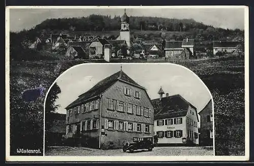 AK Wüstenrot, Pension und Gasthaus zum Löwen nebst dem Rathaus