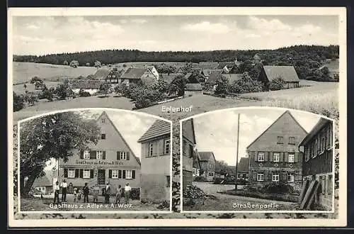 AK Fichtenberg-Erlenhof / Württ., Gasthaus z. Adler v. A. Welz, Strassenpartie, Totalansicht