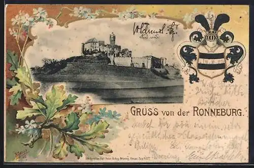 Passepartout-Lithographie Büdingen / Hessen, Blick auf die Ronneburg, Wappen