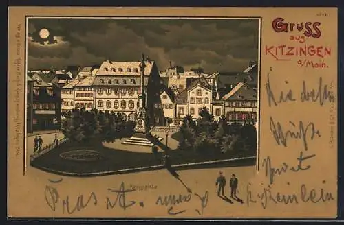 Mondschein-Lithographie Kitzingen a. Main, Der Königsplatz bei Nacht