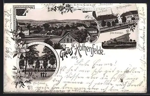 Lithographie Rothenfelde / Teutoburger Wald, Ortsansicht, Badehotel, Gradirwerk und Kurhaus