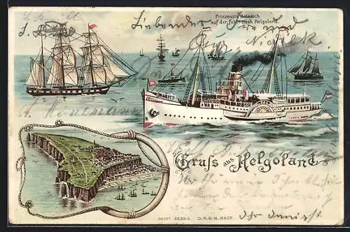 Lithographie Helgoland, Ortsansicht, Dampfer Prinzessin Heinrich und Segelboote in Fahrt