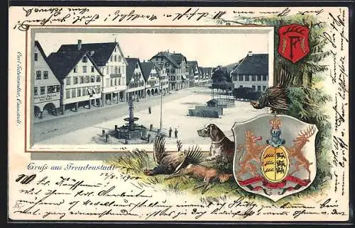 Passepartout-Lithographie Freudenstadt, Blick auf den Platz mit Brunnen, Wappen