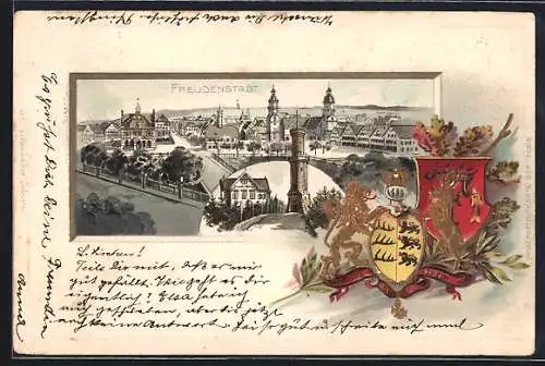 Passepartout-Lithographie Freudenstadt, Ortsansicht und geprägtes Wappen