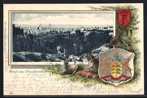 Passepartout-Lithographie Freudenstadt, Totalansicht aus der Ferne, Wappen