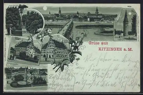 Mondschein-Lithographie Kitzingen a. M., Rathaus von Norden und Süden, Krieger-Denkmal, Königsplatz, Falterturm