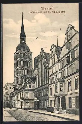 AK Stralsund, Badenstrasse mit St. Nikolaikirche, Apotheke