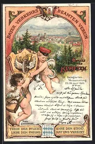 Lithographie Kempten / Allgäu, IX. Delegierten-Versammlung des Bayer. Verkehrs-Beamten-Vereins 1903, Ortsansicht