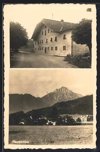 AK Hammerau / Berchtesgaden, Gasthaus Auwirt, Ortsansicht mit Bergpanorama