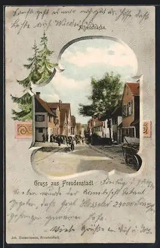 AK Freudenstadt, Partie in der Alfredstrasse, Passepartout mit Tannen