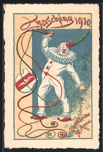 AK Augsburg, Fasching des St. Anna-Gymnasiums 1910, Clown mit Wappen