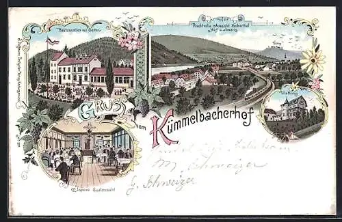 Lithographie Neckargemünd, Gasthaus Kümmelbacherhof, Villa Heinz, Ortspanorama